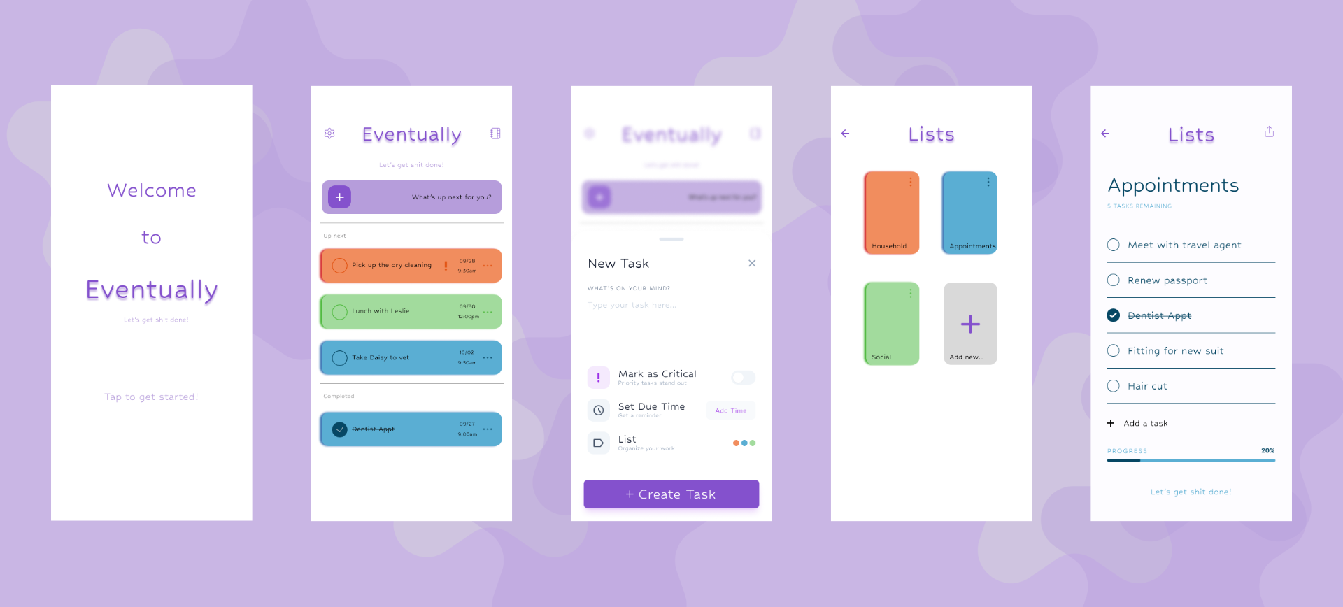 Eventually app screen flow across onboarding, lists, and task creation